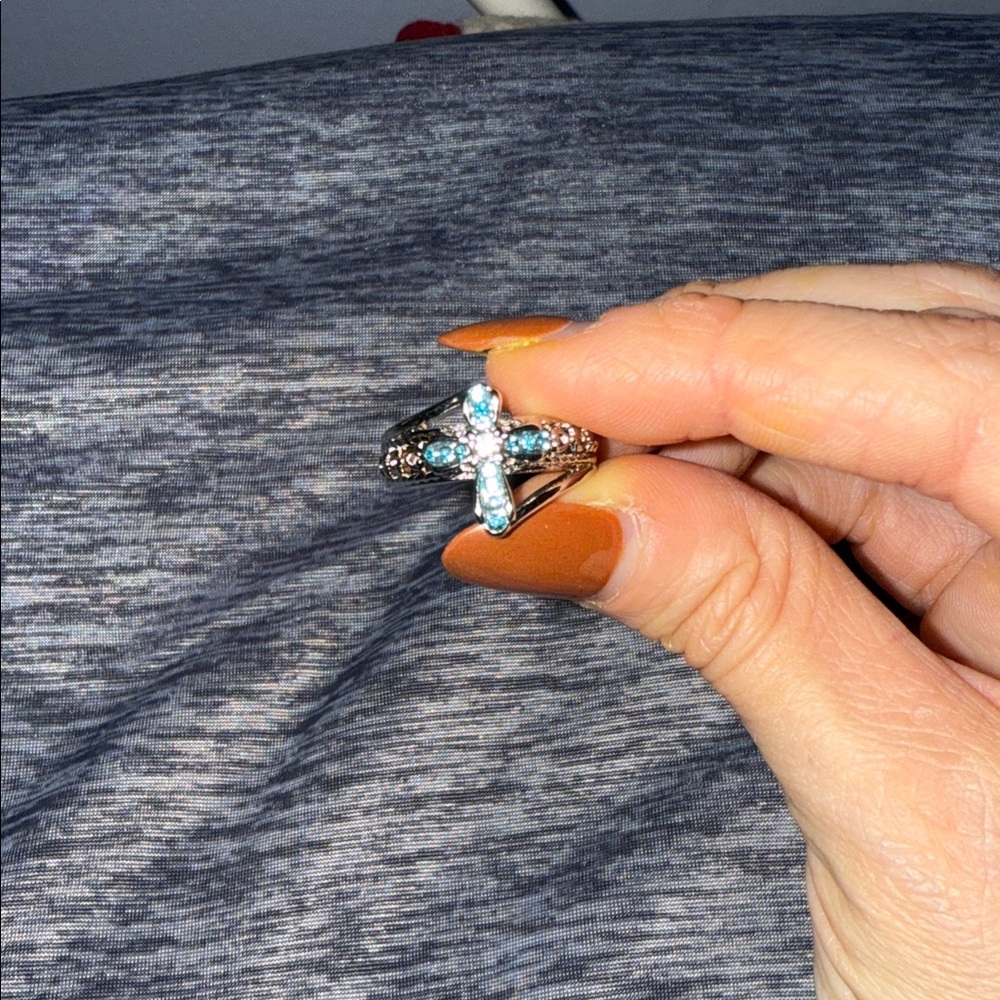 Silver cross Ring with Blue Gemstones